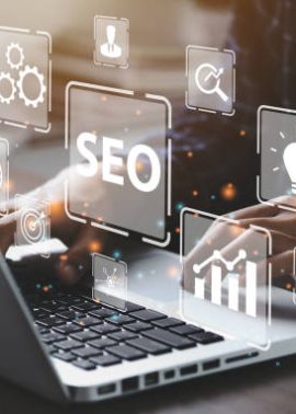 Businessman using a computer for analysis  SEO Search Engine Optimization Marketing Ranking Traffic Website Internet Business Technology Concept."n